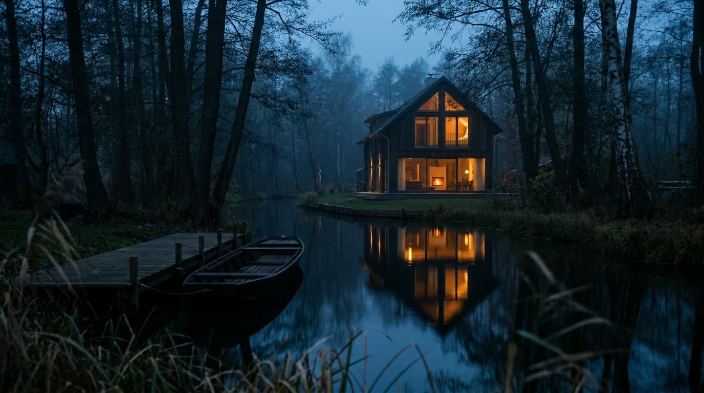 Das Fliess Paradies zur blauen Stunde, spiegelglatt im Fließ gespiegelt