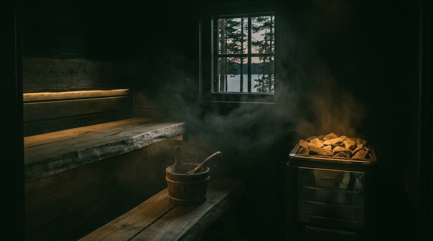 Private Sauna am Abend, warmes Licht im Dunkeln