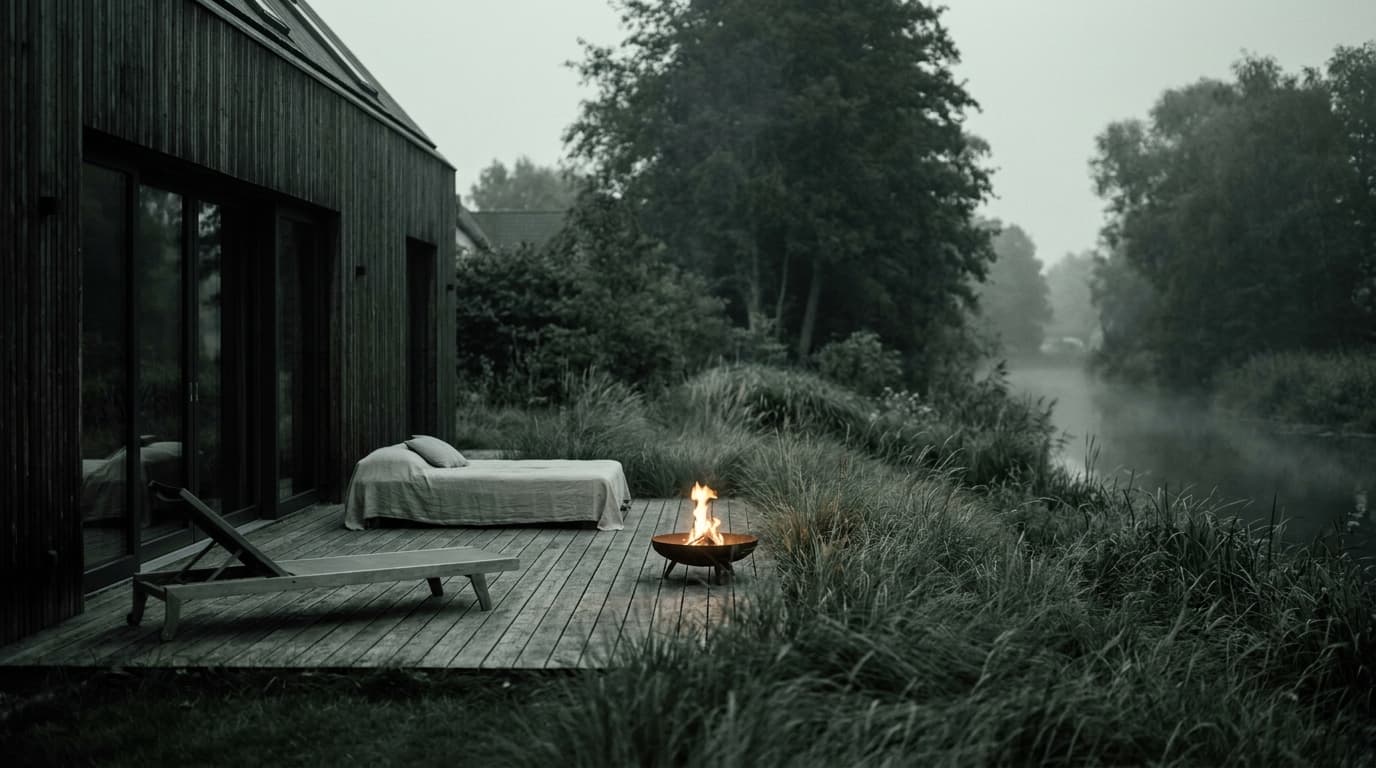 Terrasse mit Feuerschale am Wasser