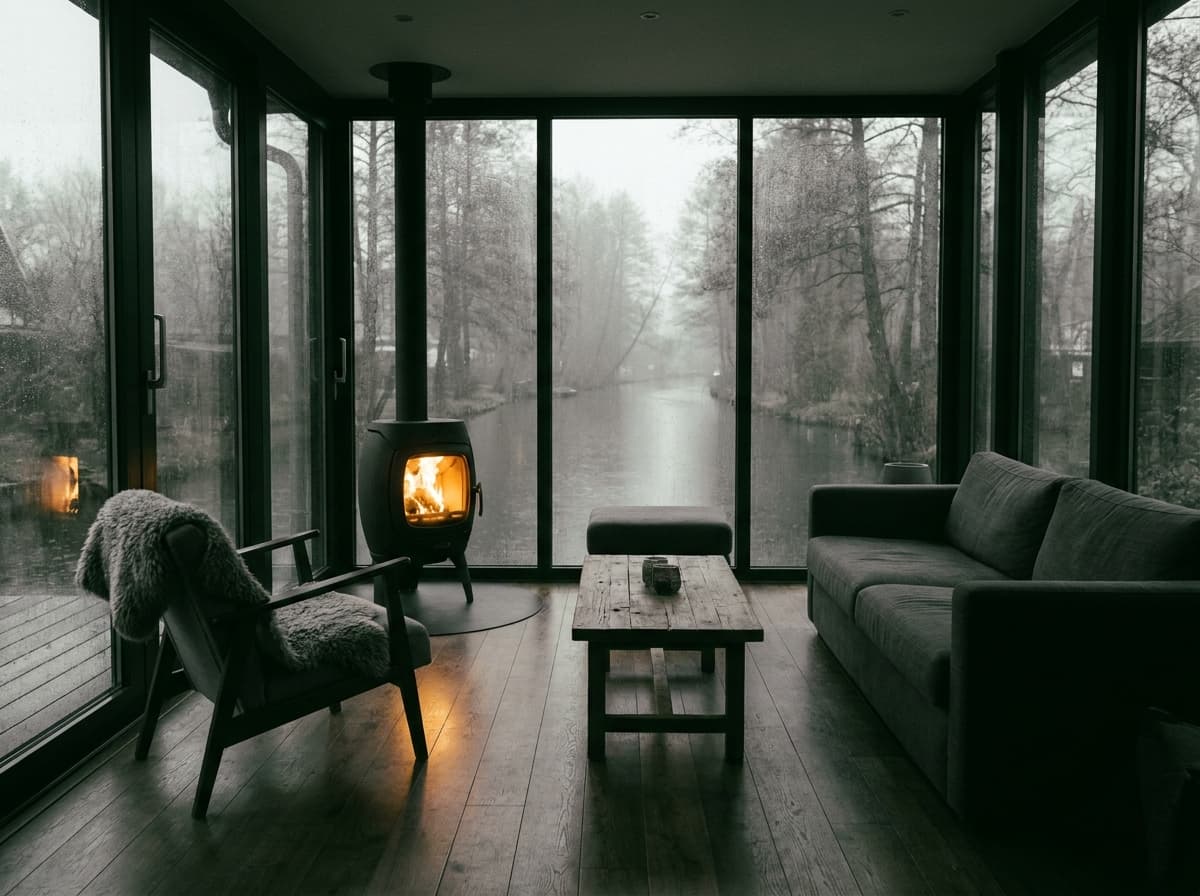 Wintergarten mit Kamin, raumhohes Glas zum Fließ